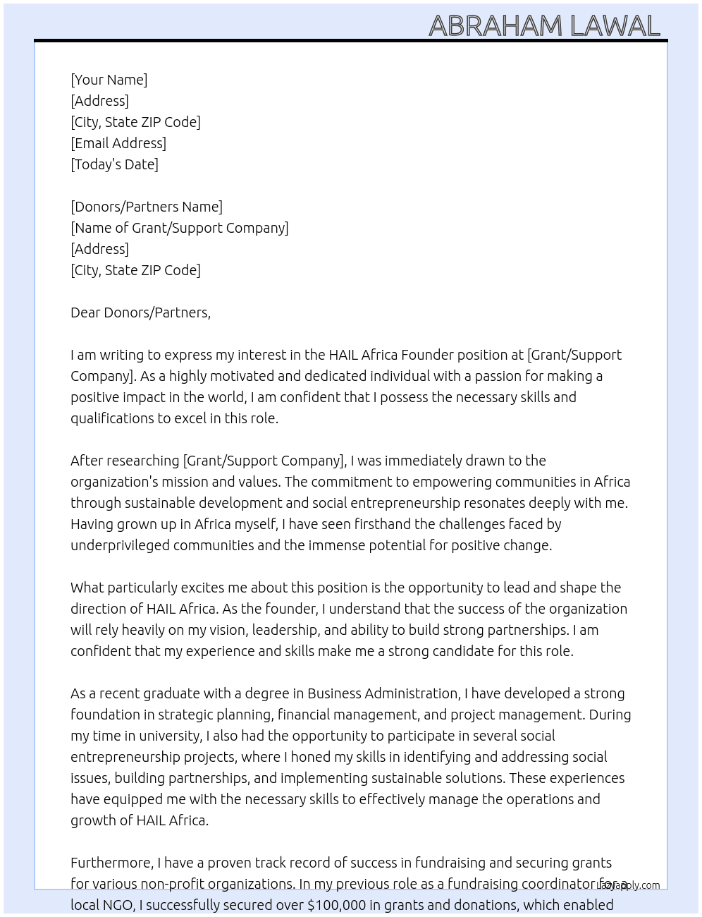 HAIL Africa Founder  At Grant/Support  Cover Letter