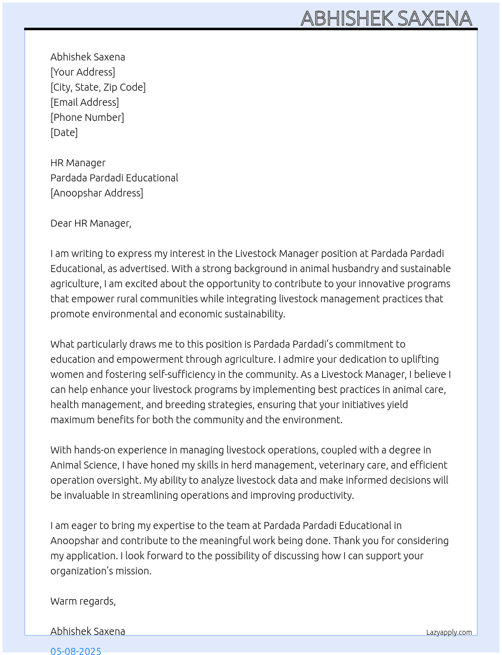 Livestock manager  At Pardada pardadi educational  Cover Letter