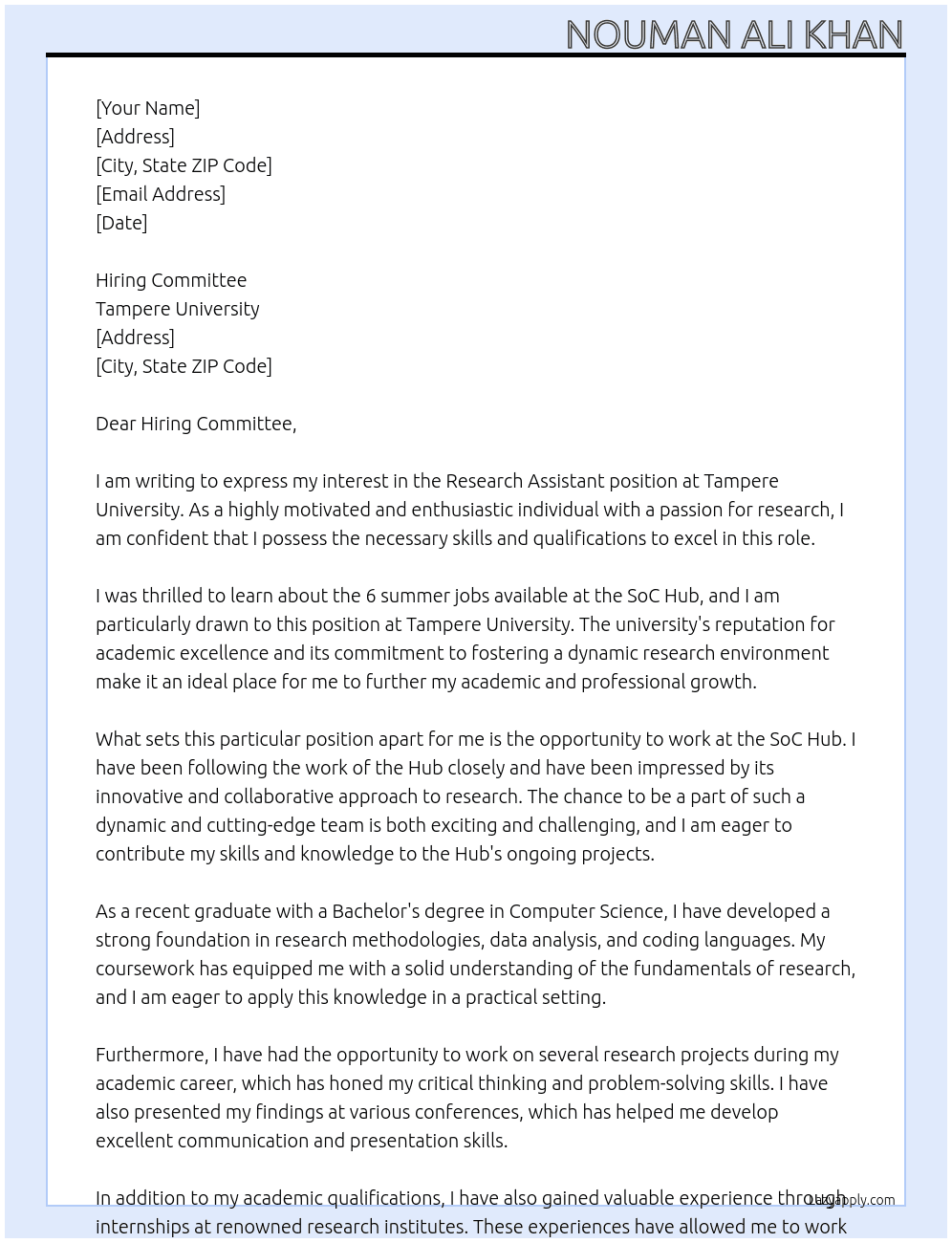 Research Assistants, 6 summer jobs (SoC Hub) At Tampere University Cover Letter