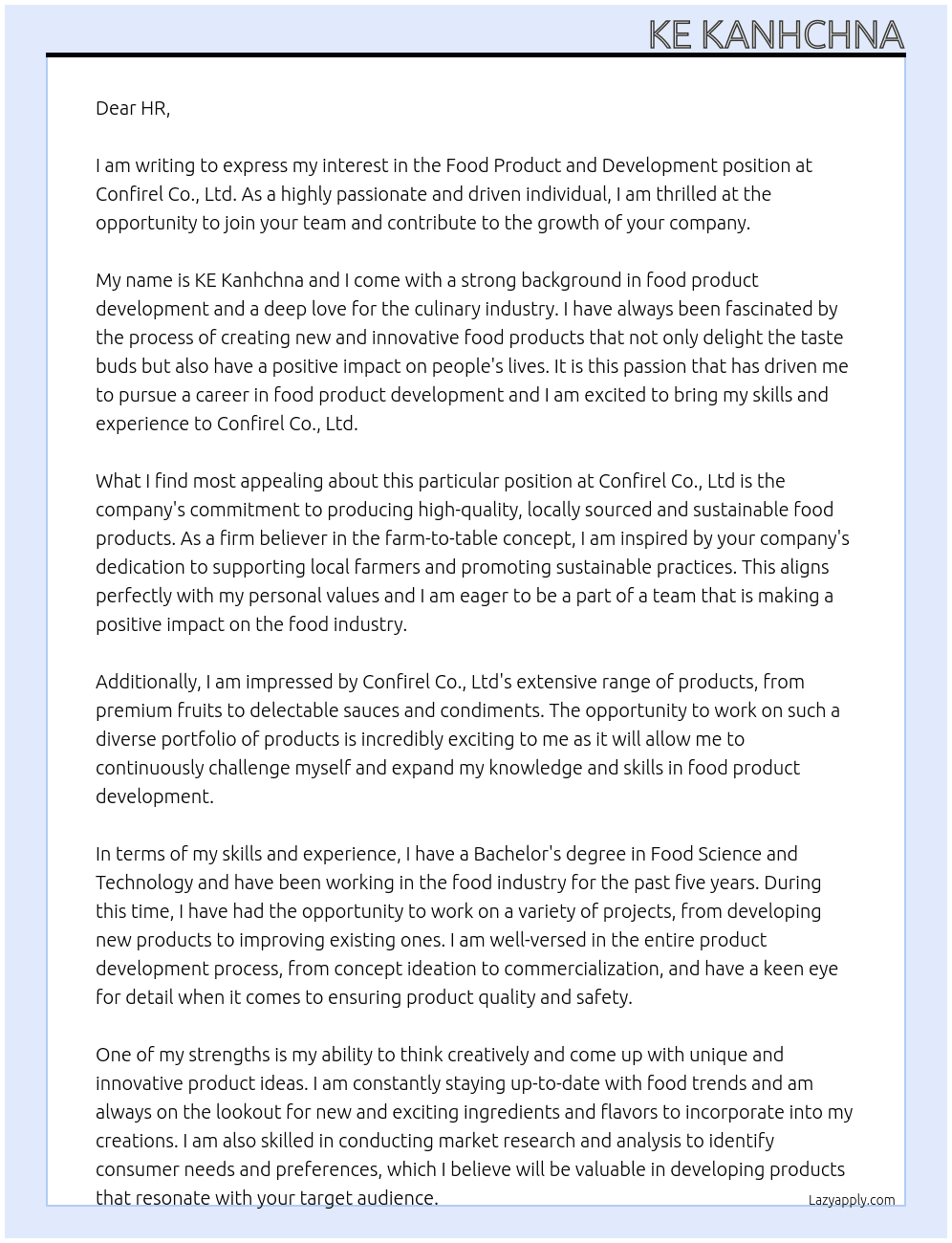 Food Product and Development  At Confirel Co., Ldt Cover Letter