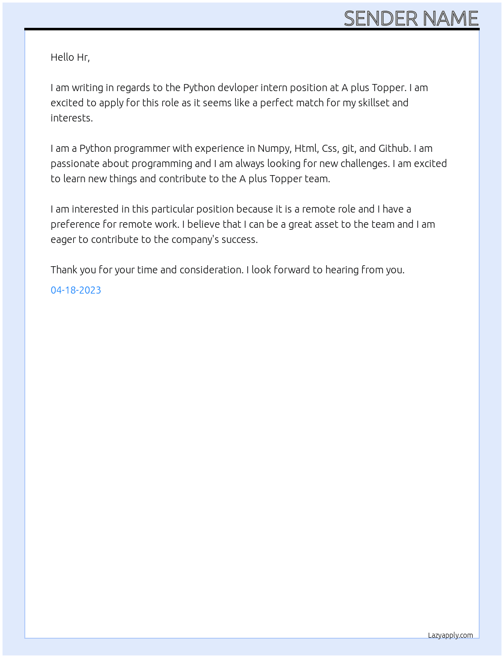 Python devloper intern At A plus Topper Cover Letter
