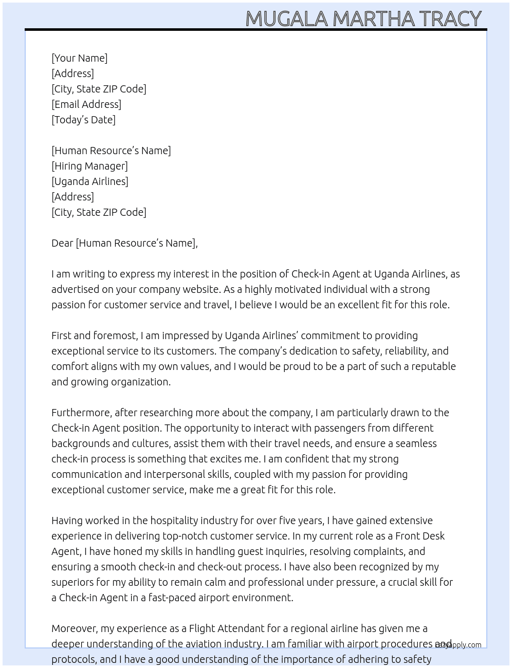 Check in agent  At Uganda airlines Cover Letter