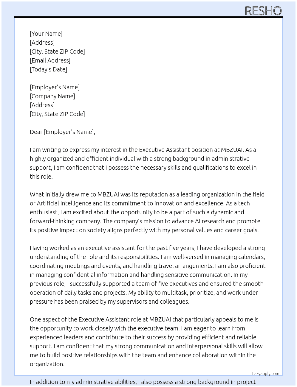 Executive Assistant At MBZUAI Cover Letter