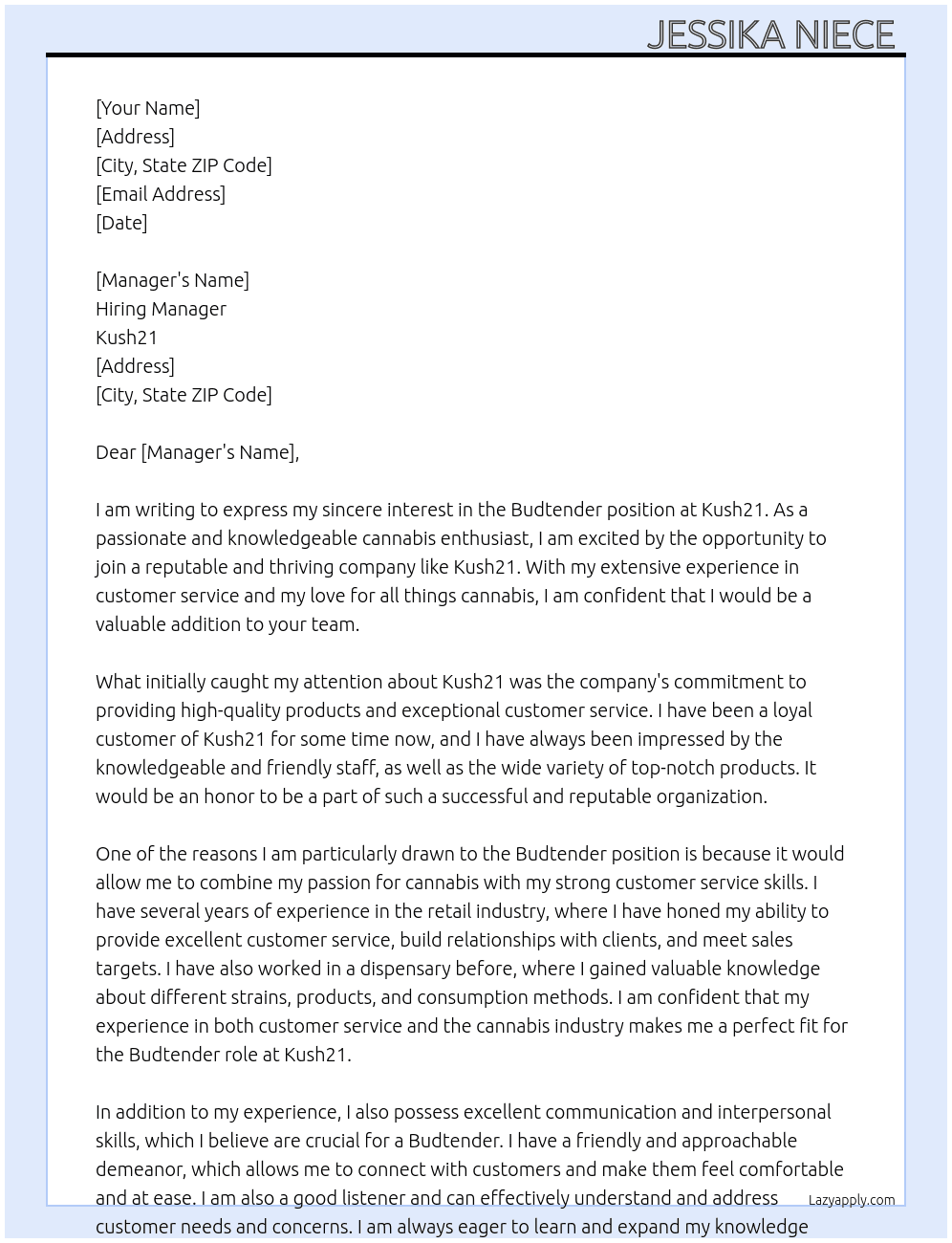 Budtender At Kush21 Cover Letter