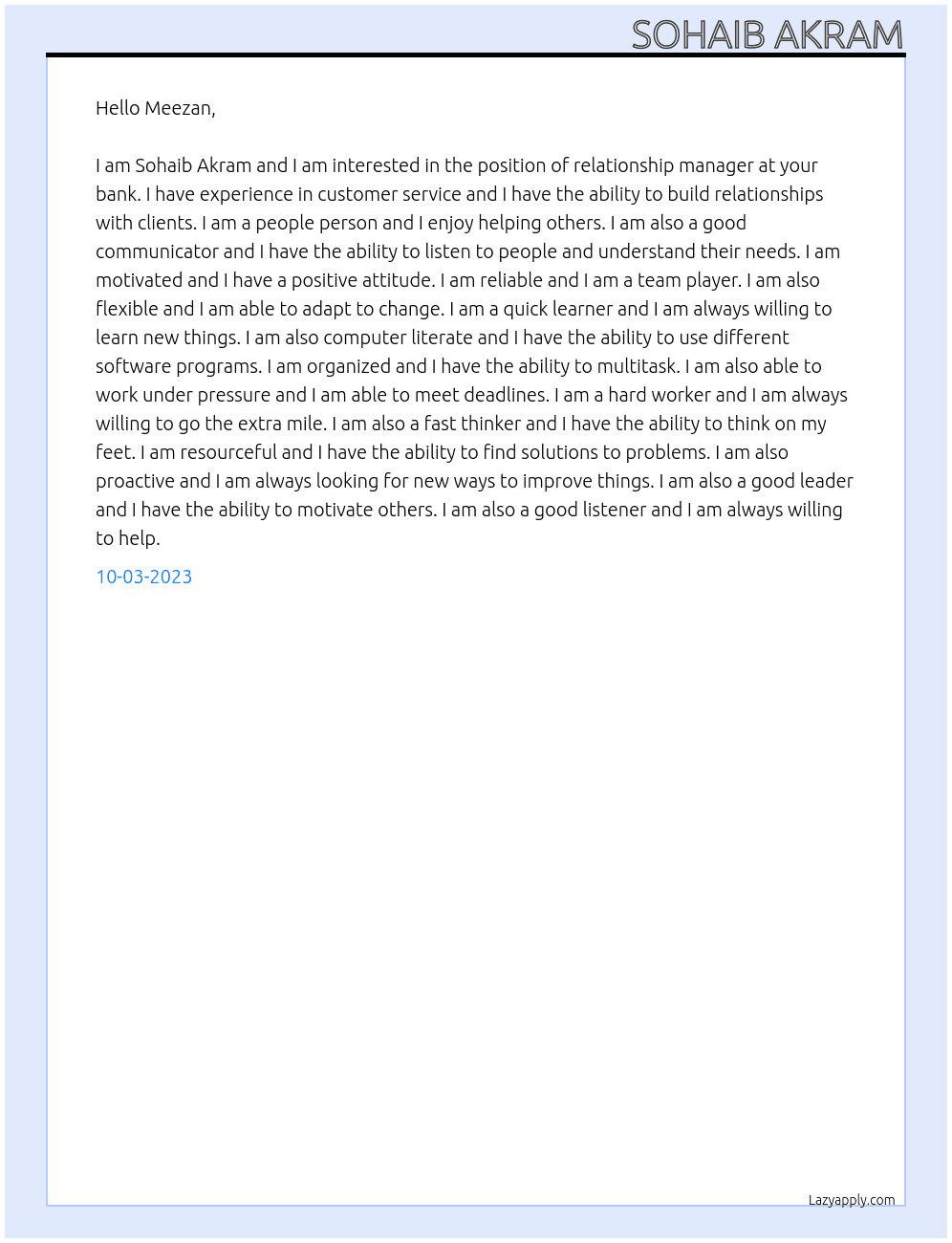 relationship manager At Meezan Bank Cover Letter