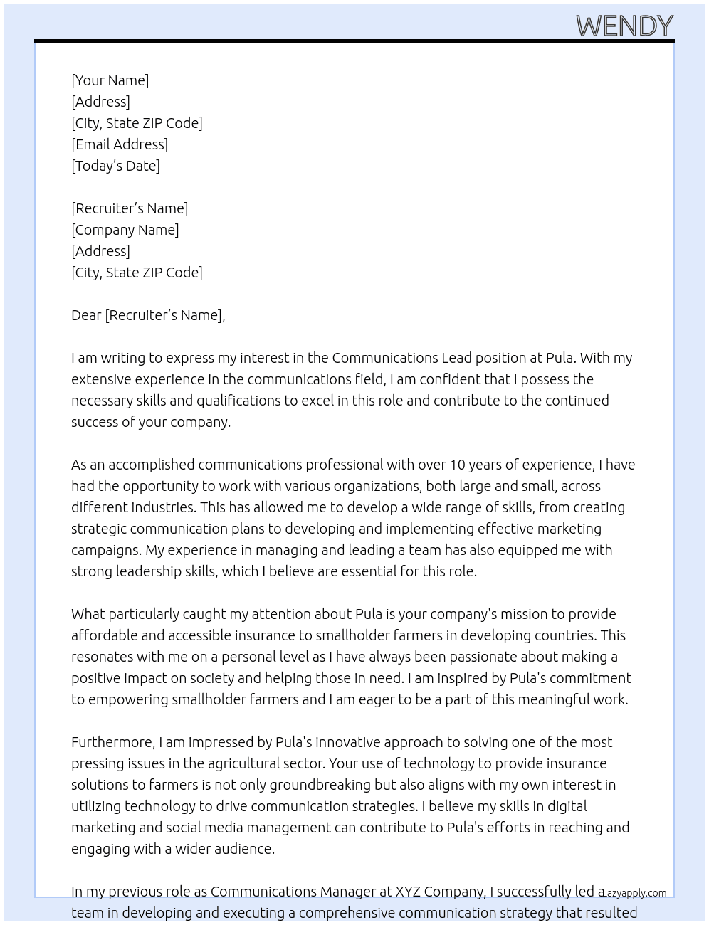 communications lead At pula Cover Letter