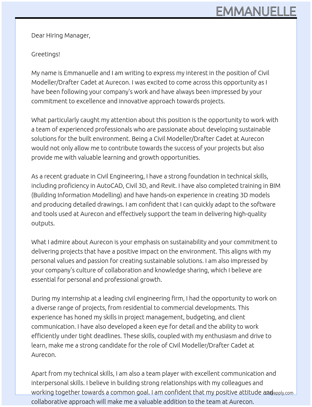 Civil Modeller/Drafter Cadet At aurecon Cover Letter