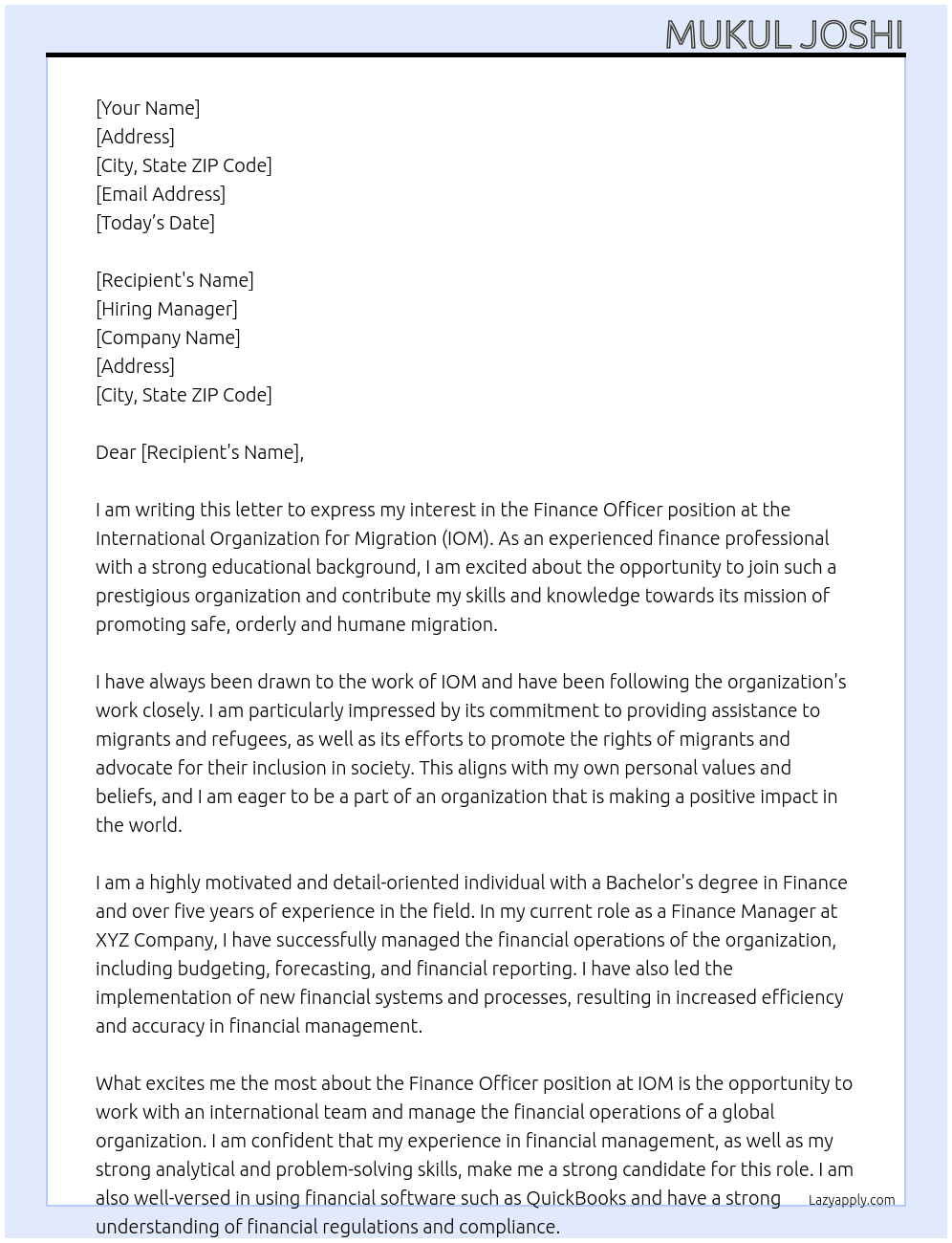 Finance Officer  At International Organization for Migration (IOM) Cover Letter