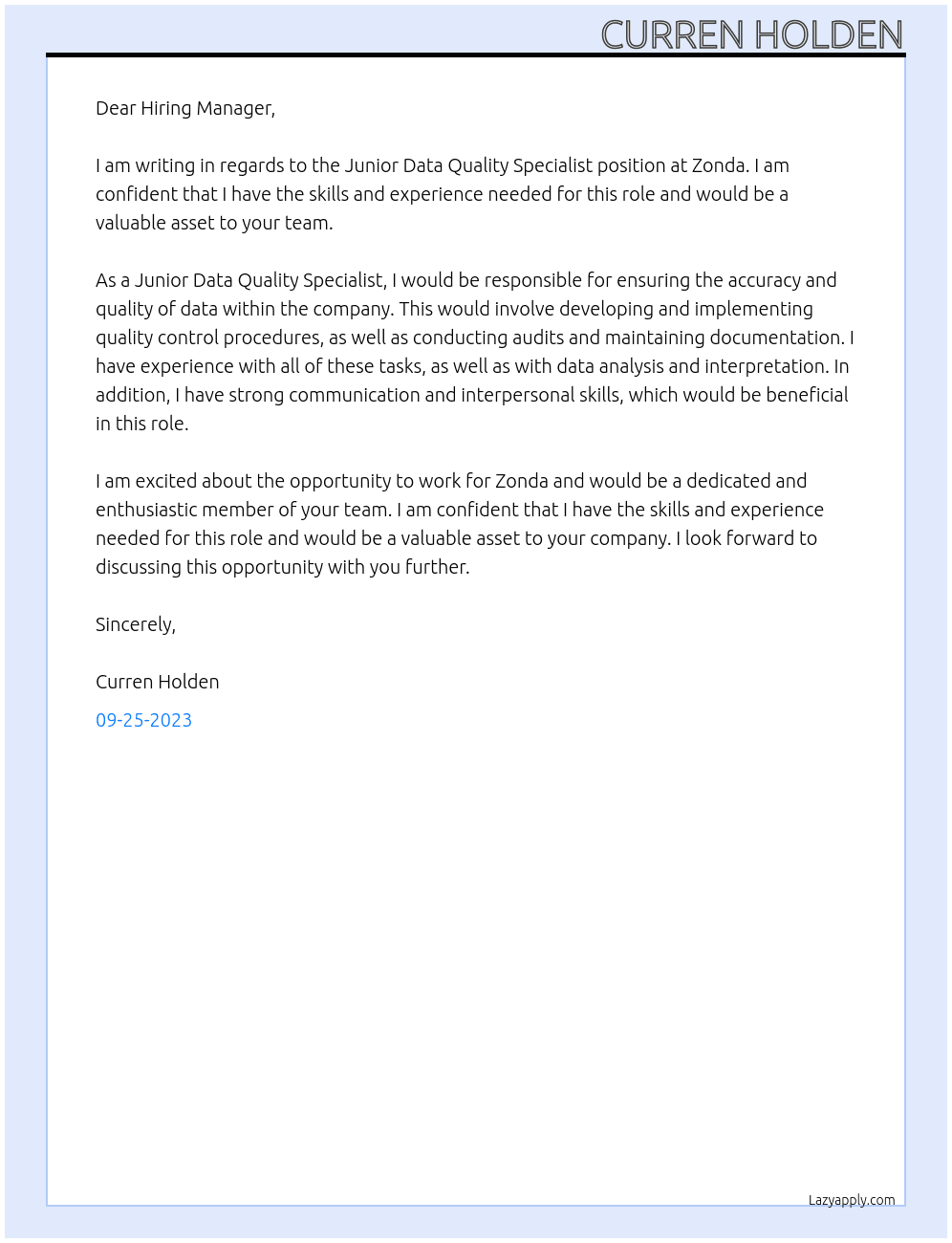 Junior Data Quality Specialist At Zonda Cover Letter