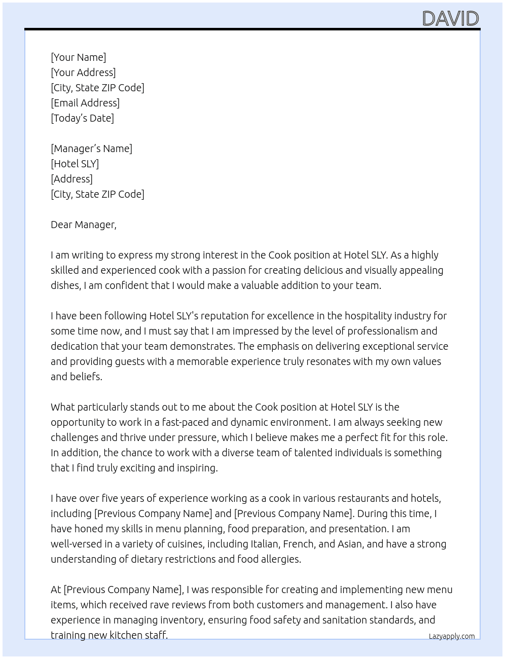 Cook  At Hotel SLY Cover Letter