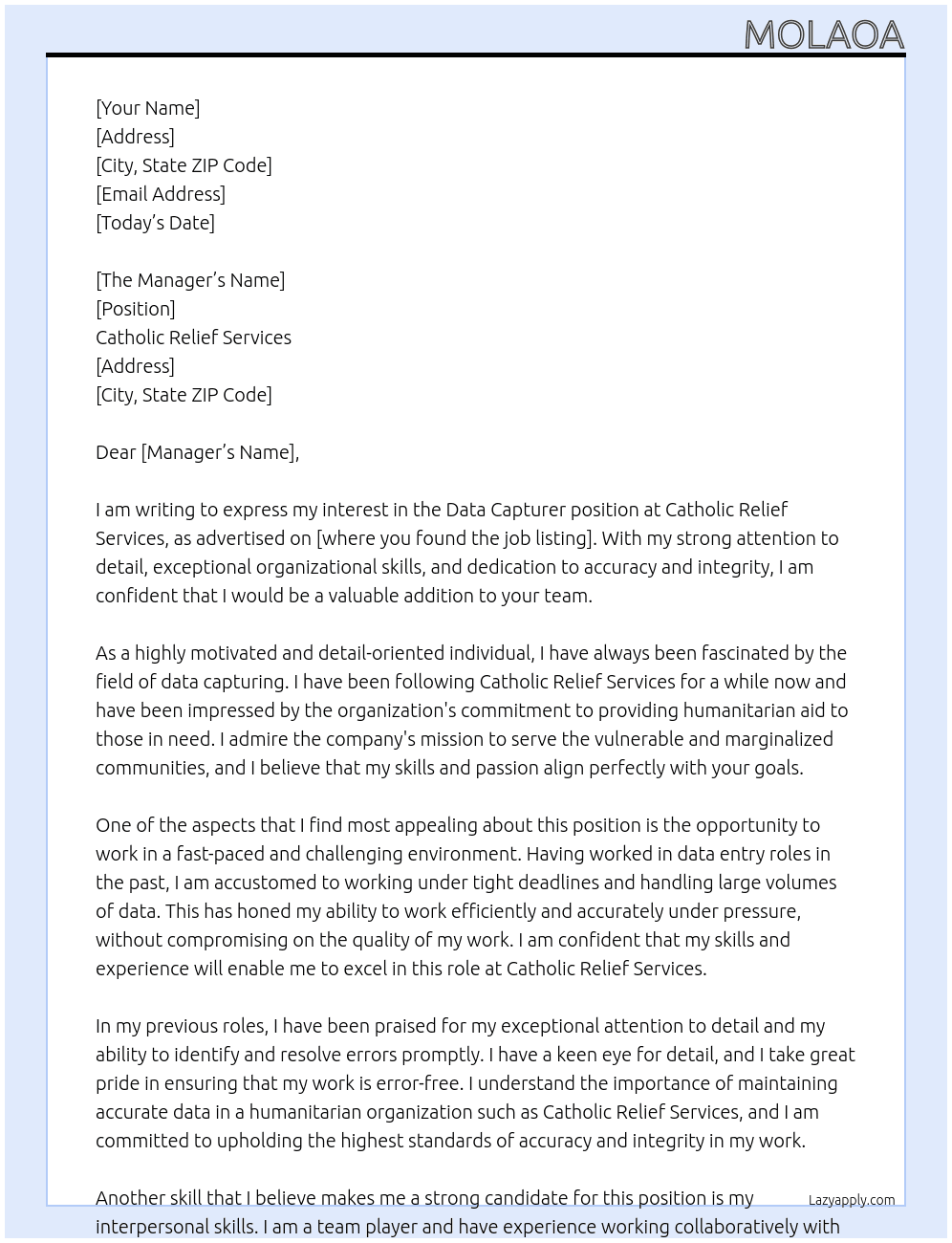Data Capturer  At Catholic Relief Services  Cover Letter