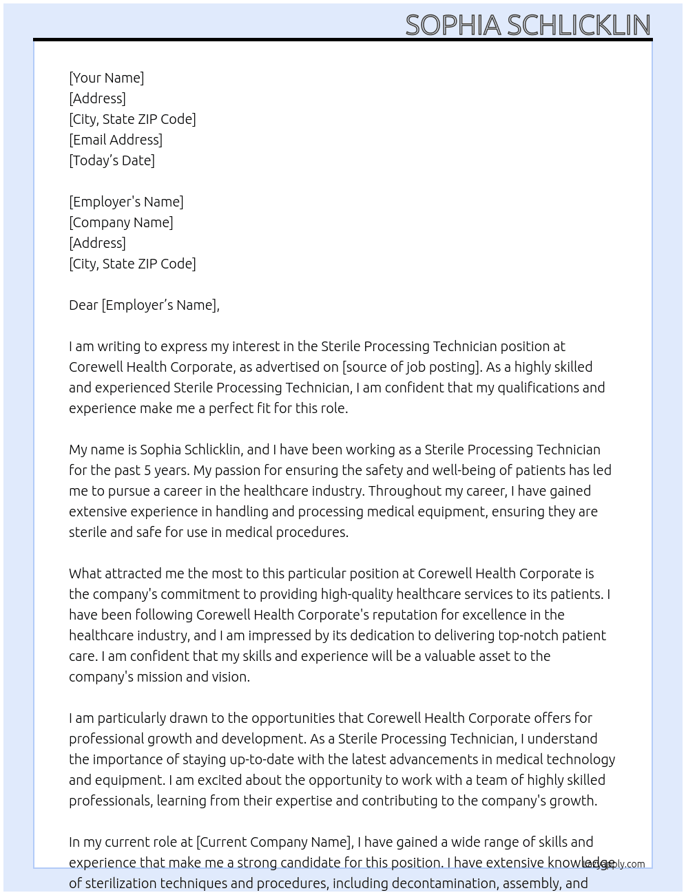 Sterile Processing Technician At Corewell Health Corporate Cover Letter