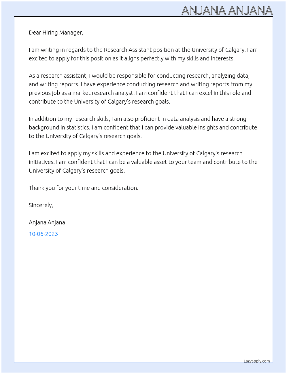 Research Assistant   At University of Calgary  Cover Letter