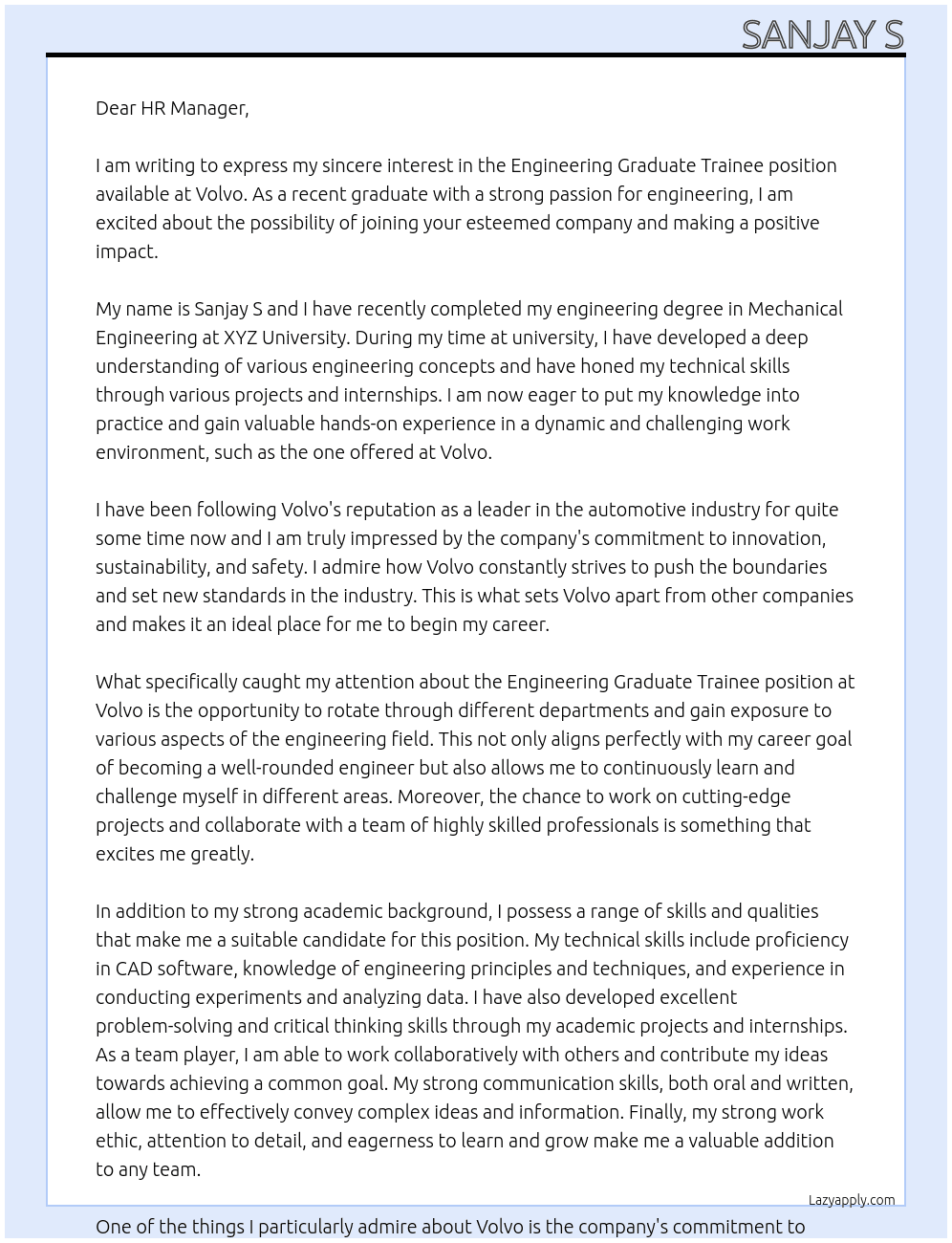 engineering graduate trainee At volvo Cover Letter