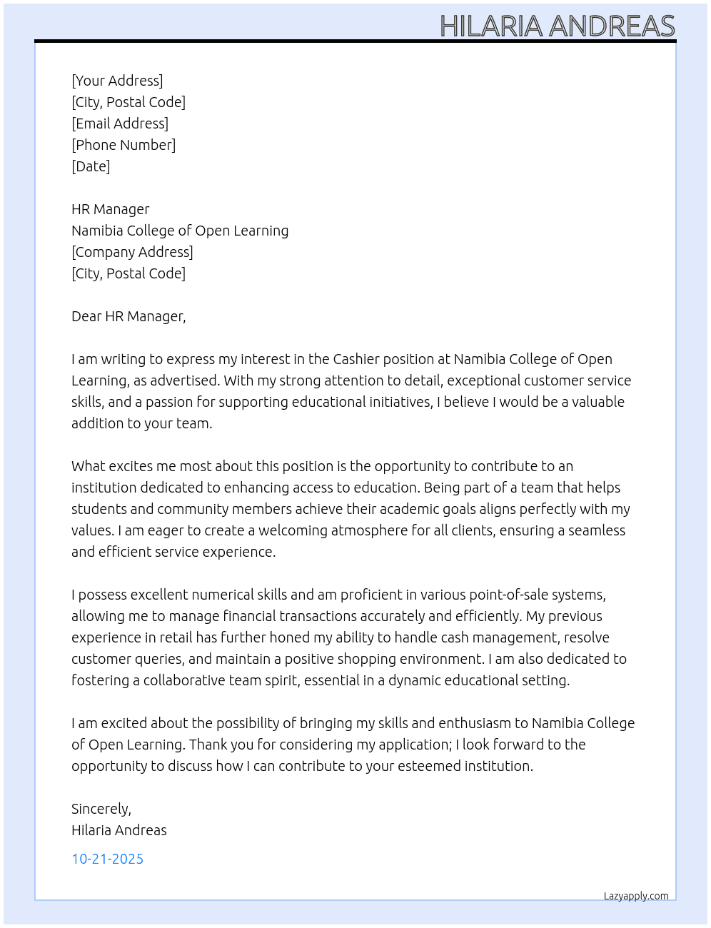Cashier  At Namibia College of Open Learning  Cover Letter