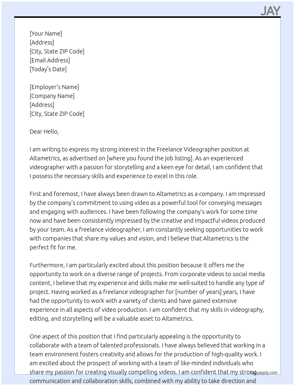  Freelance Videographer  At Altametrics Cover Letter