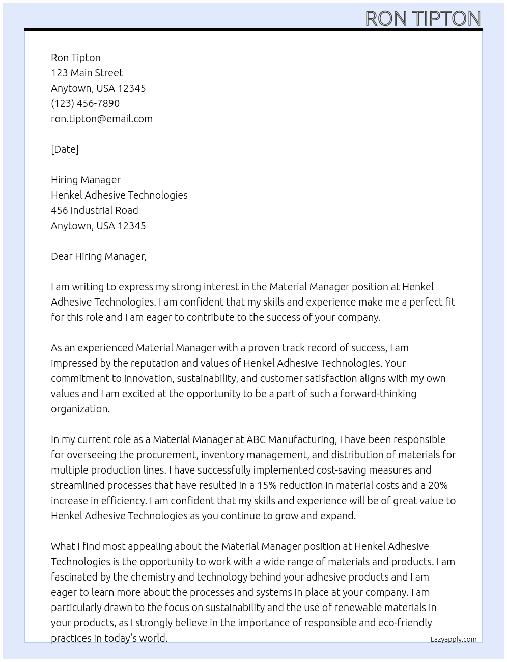 Material Manager At Henkel Adhesive Technologies Cover Letter