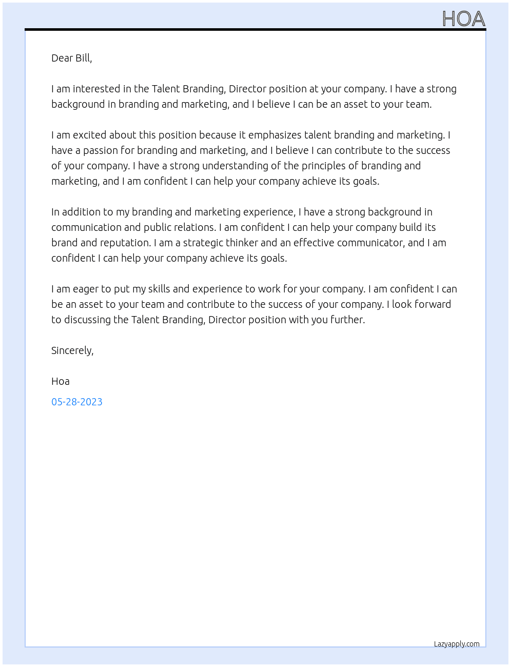 Talent Branding, Director At Bill Cover Letter