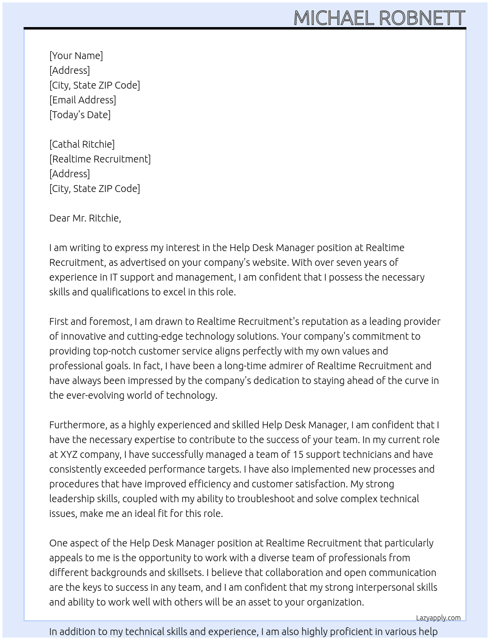 Help desk manager At Realtime Recruitment Cover Letter