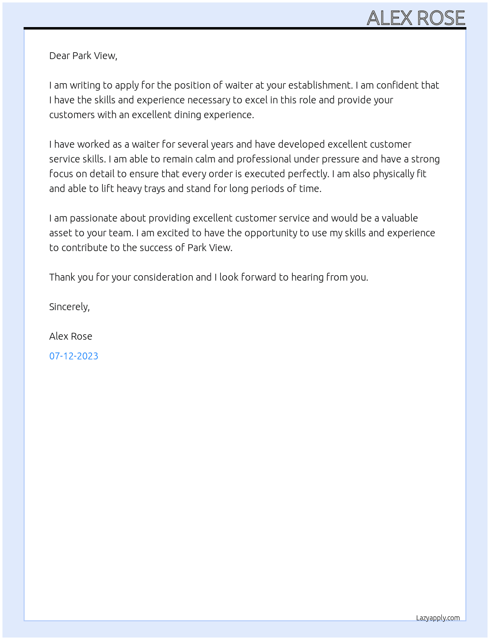 Waiter At Park View Cover Letter