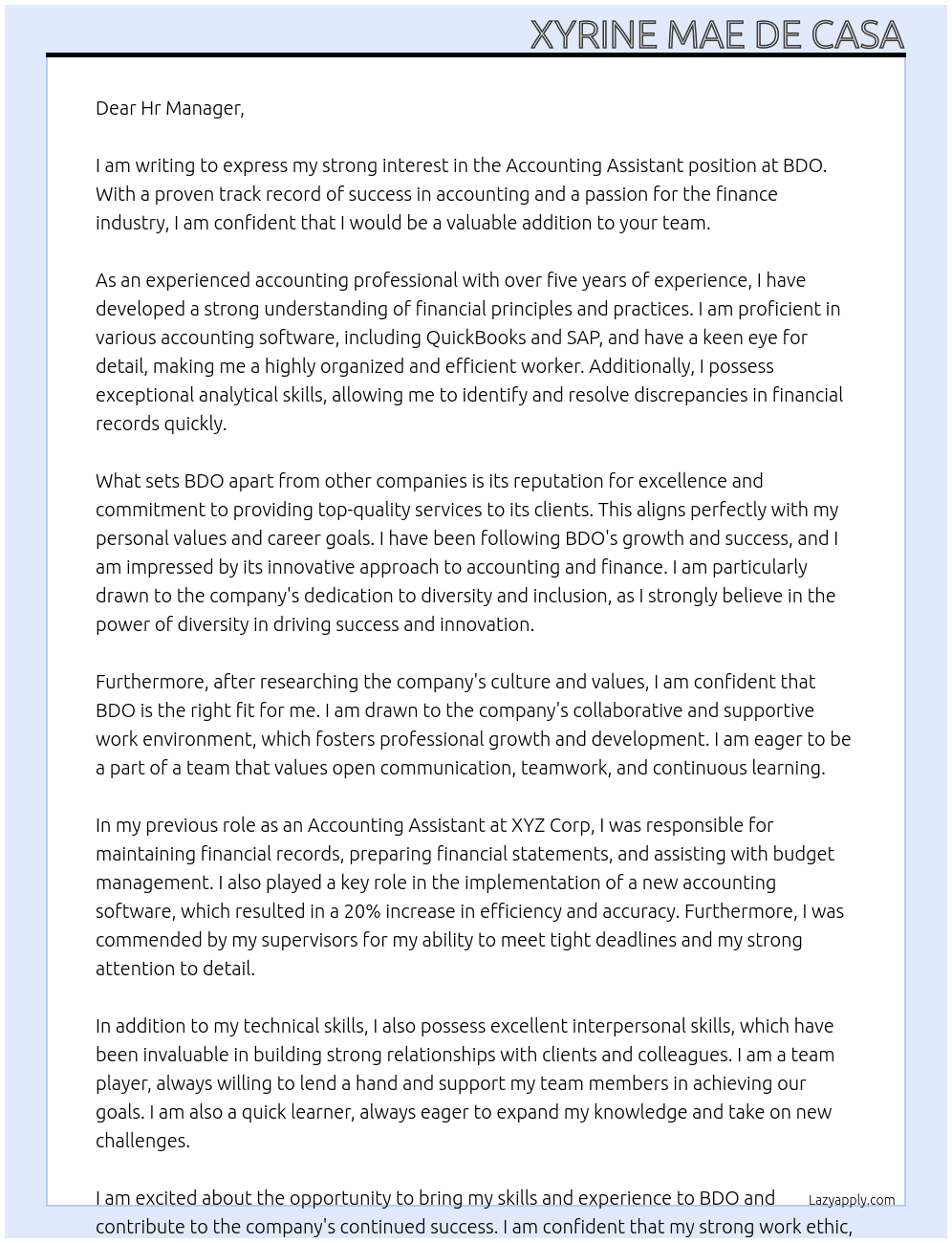 Accounting assistant  At BDO Cover Letter