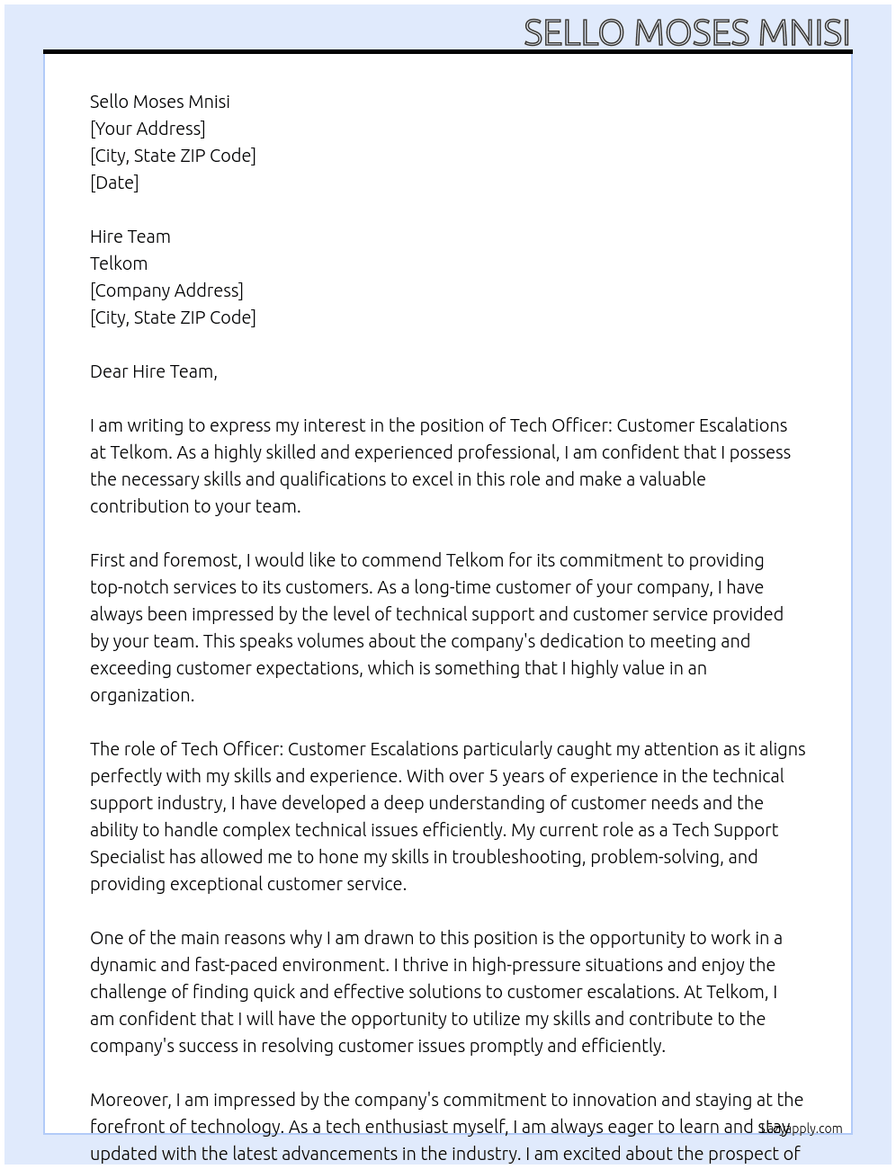 Tech Officer: Customer Escalations At telkom Cover Letter