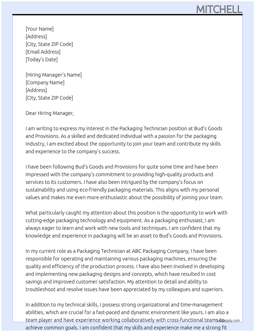 Packaging Technician At Bud's Goods and Provisions Cover Letter