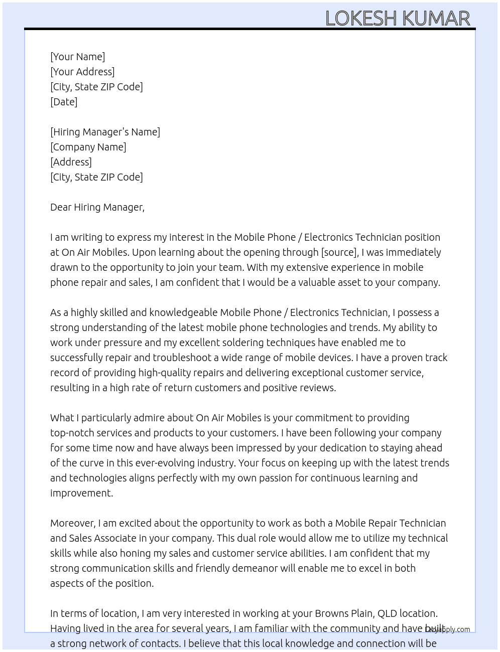 Mobile Phone / Electronics Technician At On Air Mobiles Cover Letter