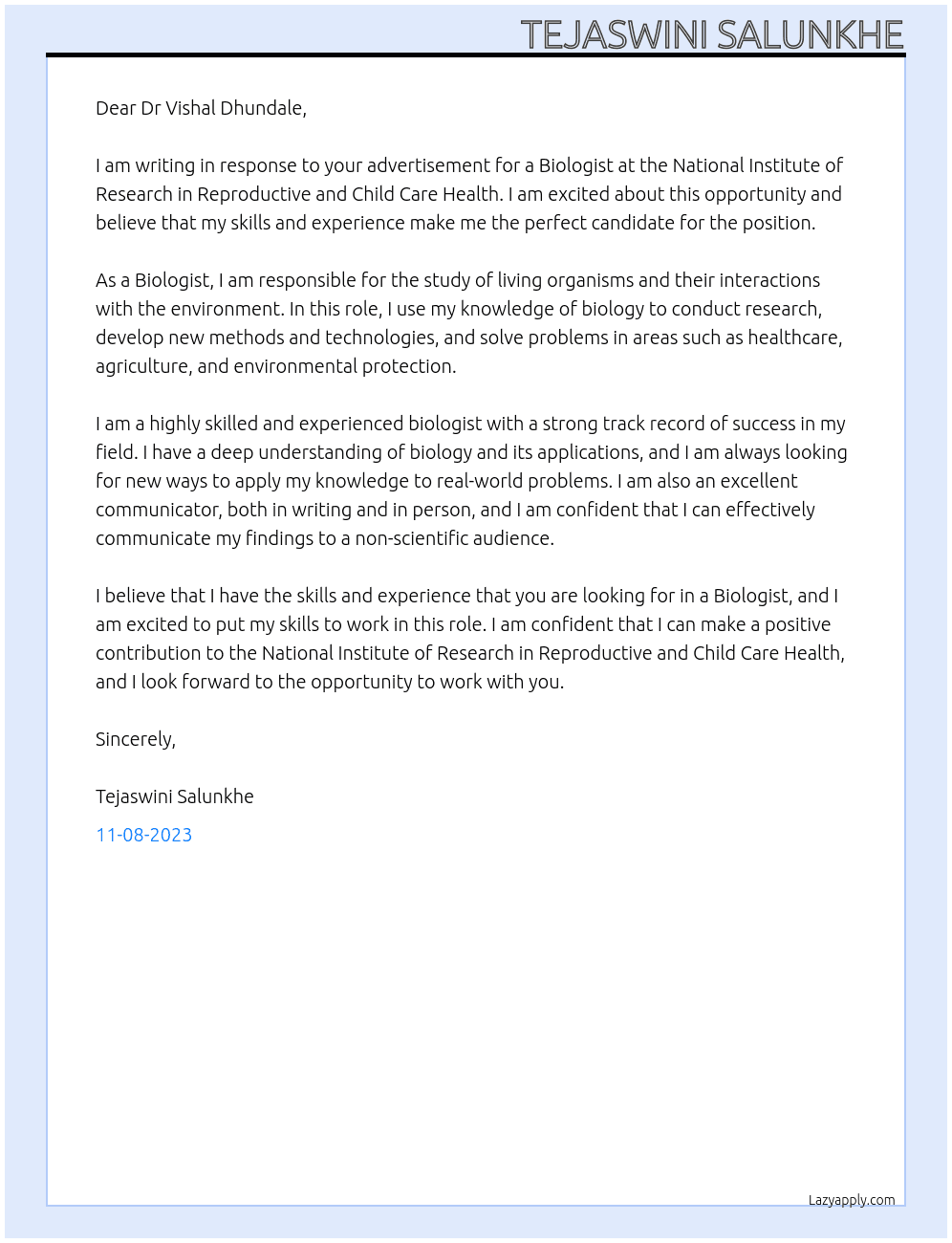 Biologist At National Institute of Research in Reproductive and Child Care Health Cover Letter