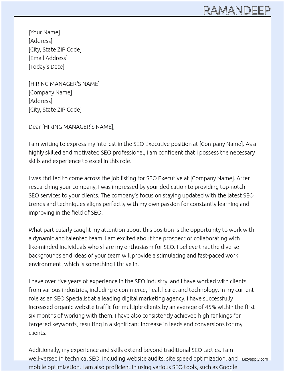 seo EXECUTIVE At seo  Cover Letter