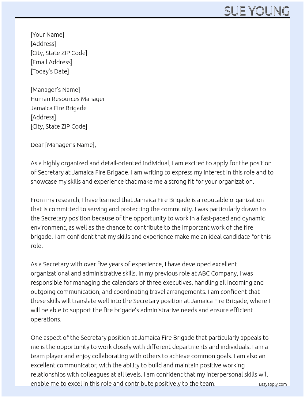 Secretary  At Jamaica Fire Brigade  Cover Letter