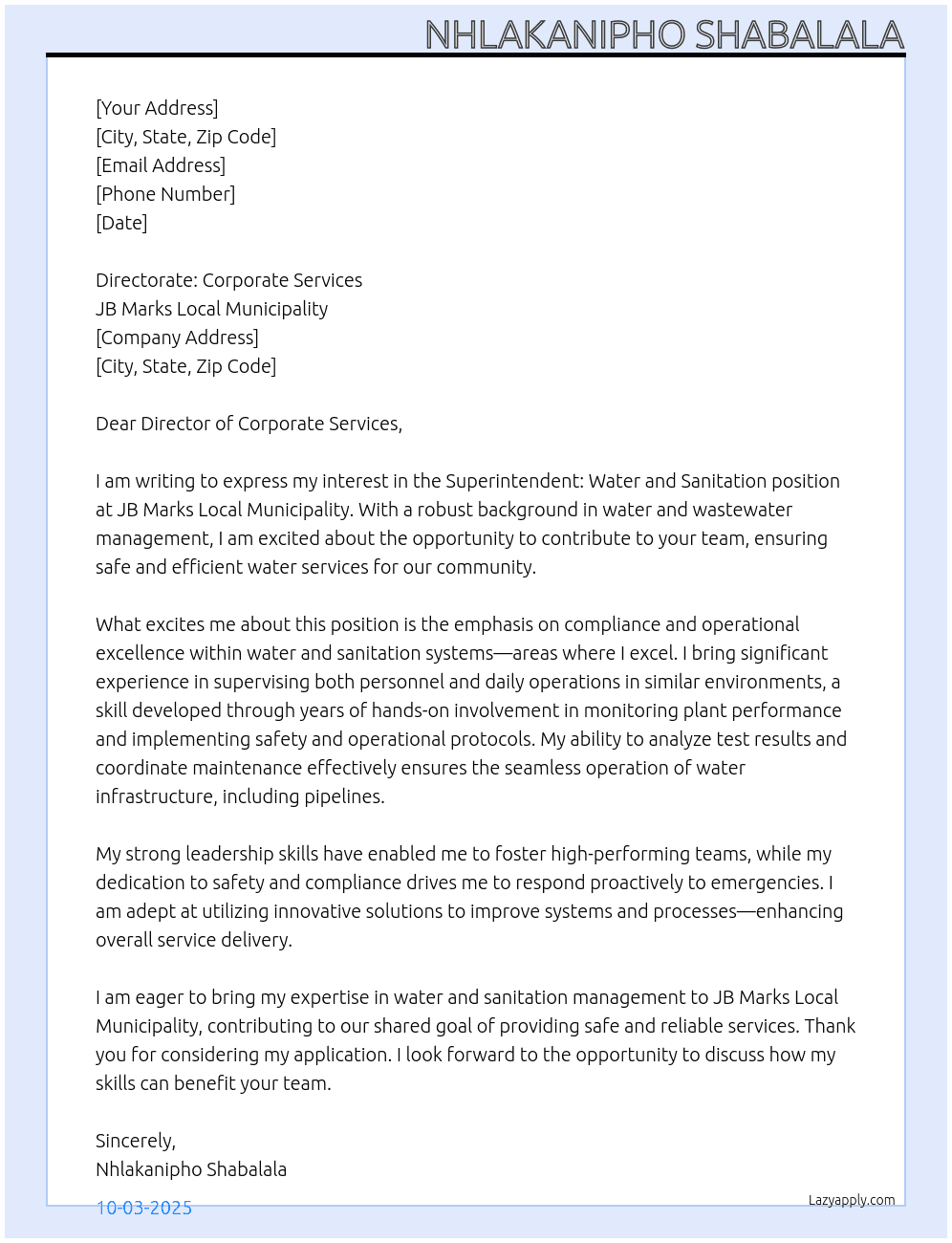Superintendant: Water and Sanitation At JB Marks Local Municipality Cover Letter