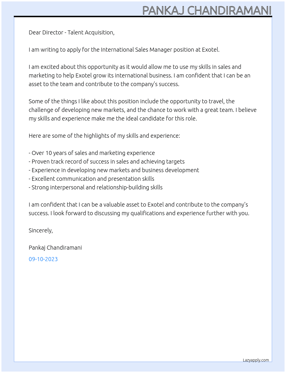 International Sales Manager At Exotel Cover Letter