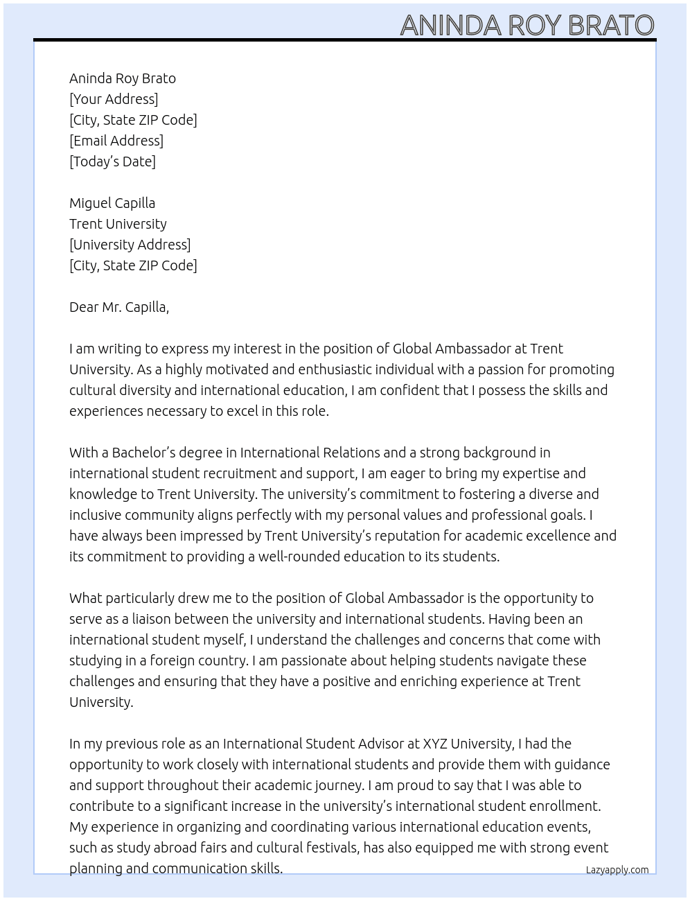 Global Ambassador At Trent University  Cover Letter