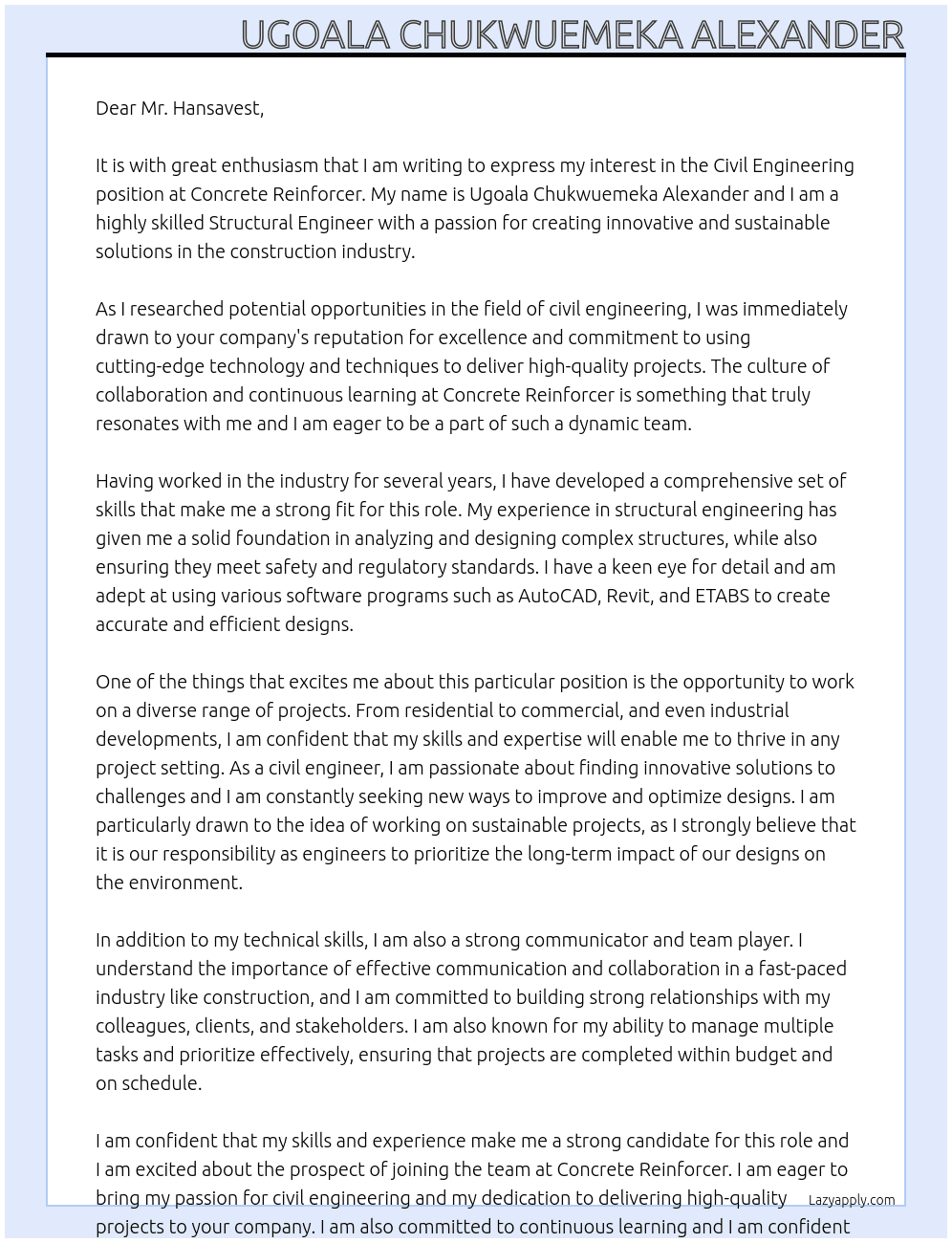 civil engineering At Concrete Reinforcer Cover Letter