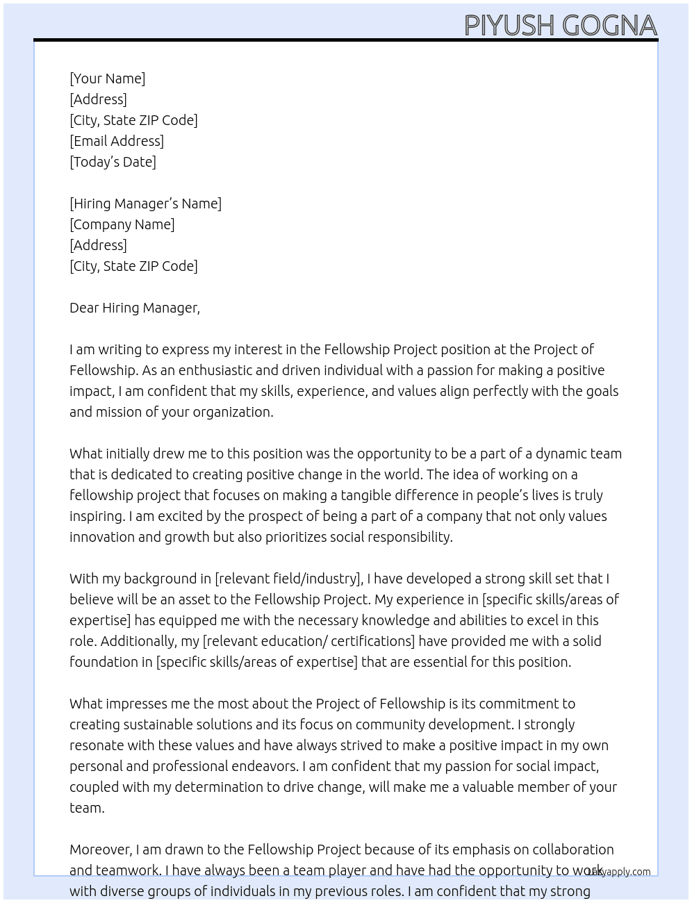 Fellowship project At Project of fellowship Cover Letter