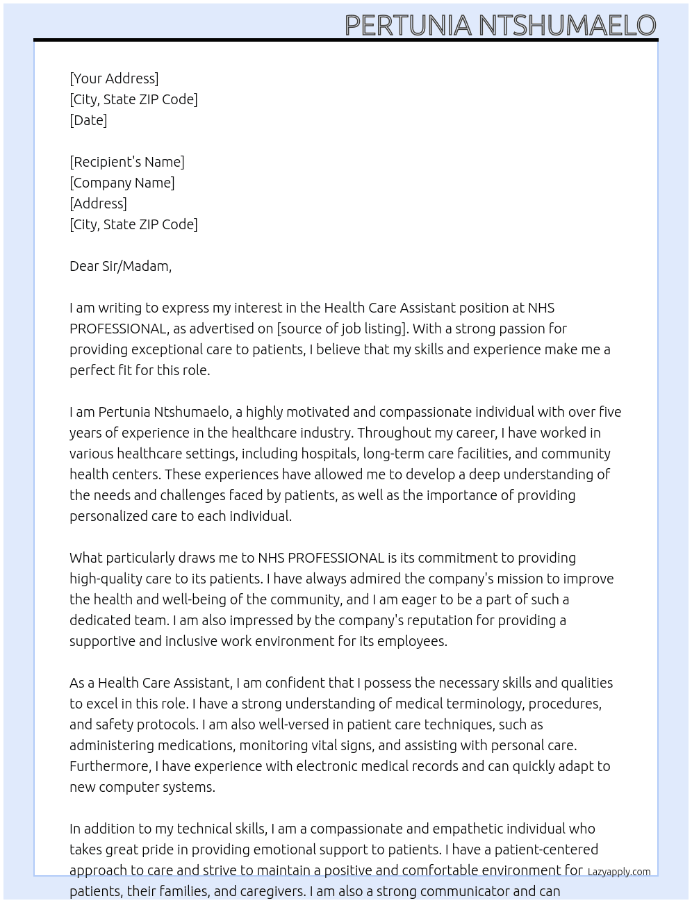 Health care assistant At NHS PROFFESSIONAL Cover Letter