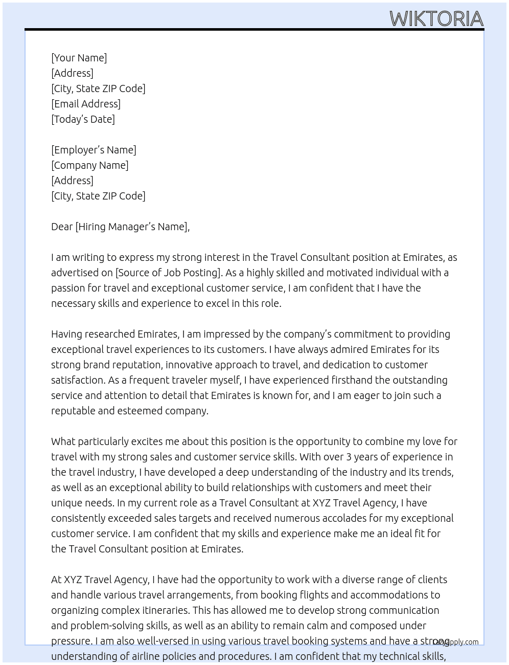 Travel Consultant  At Emirates  Cover Letter