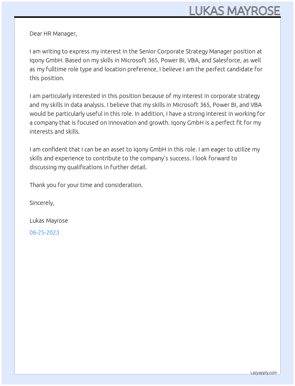 Senior Corporate Strategy Manager At Iqony GmbH Cover Letter