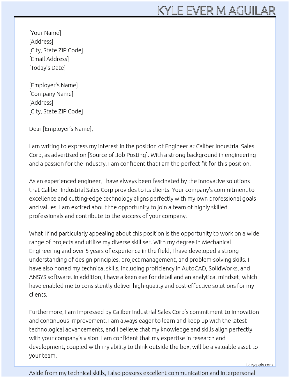 engineer At Caliber Industrial Sales Corp Cover Letter