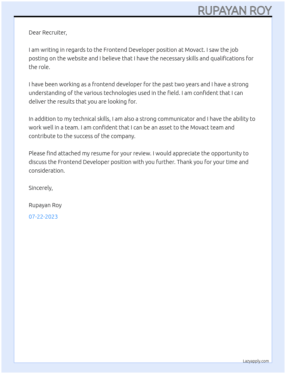 Frontend Developer At Movact Cover Letter