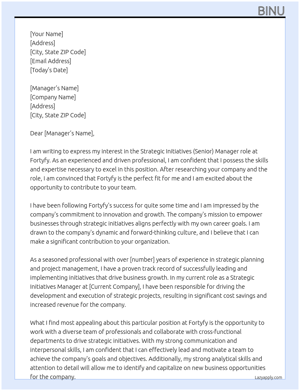 Strategic Initiatives (Senior) Manager role At fortyfy Cover Letter