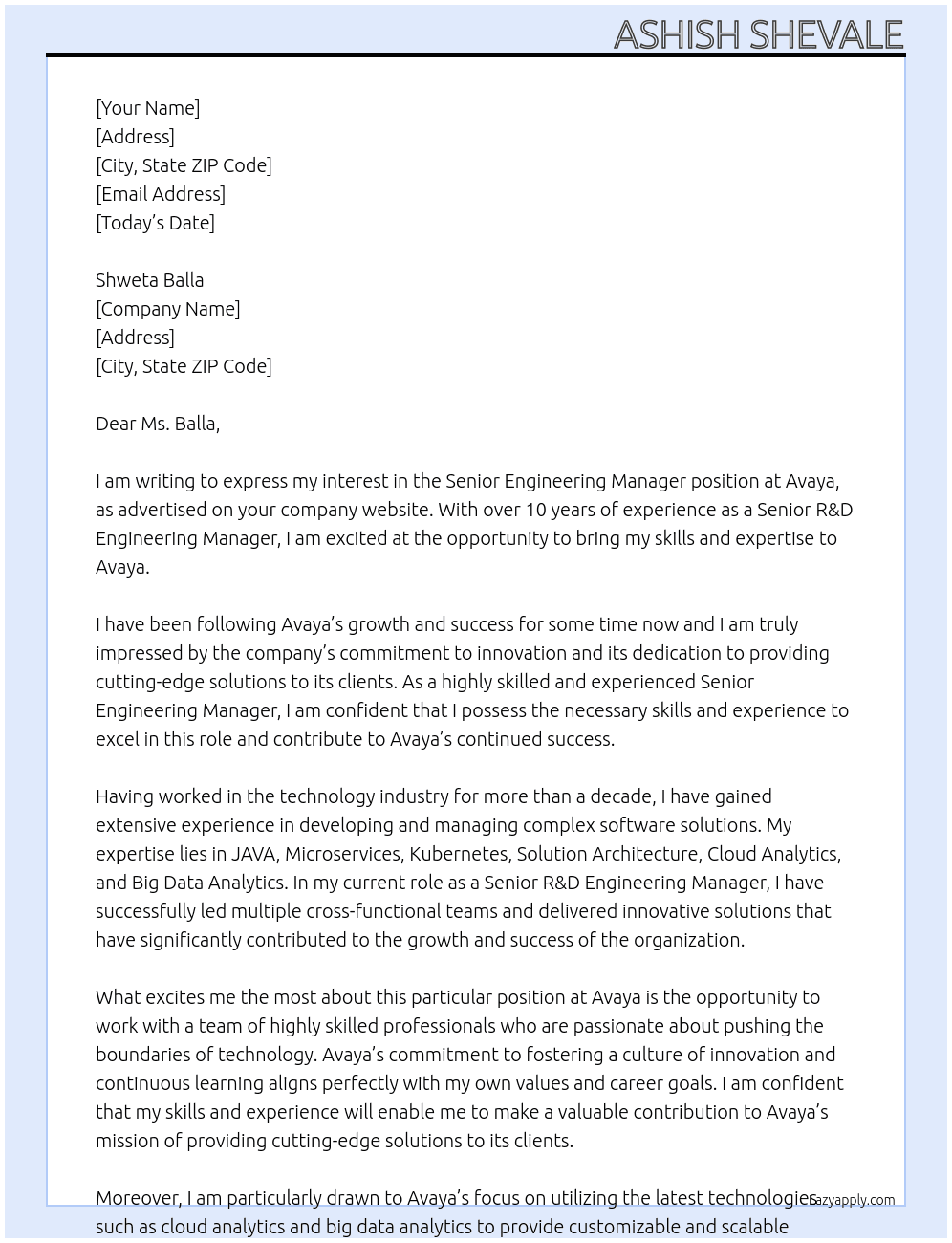 Senior Engineering Manager At Avaya Cover Letter