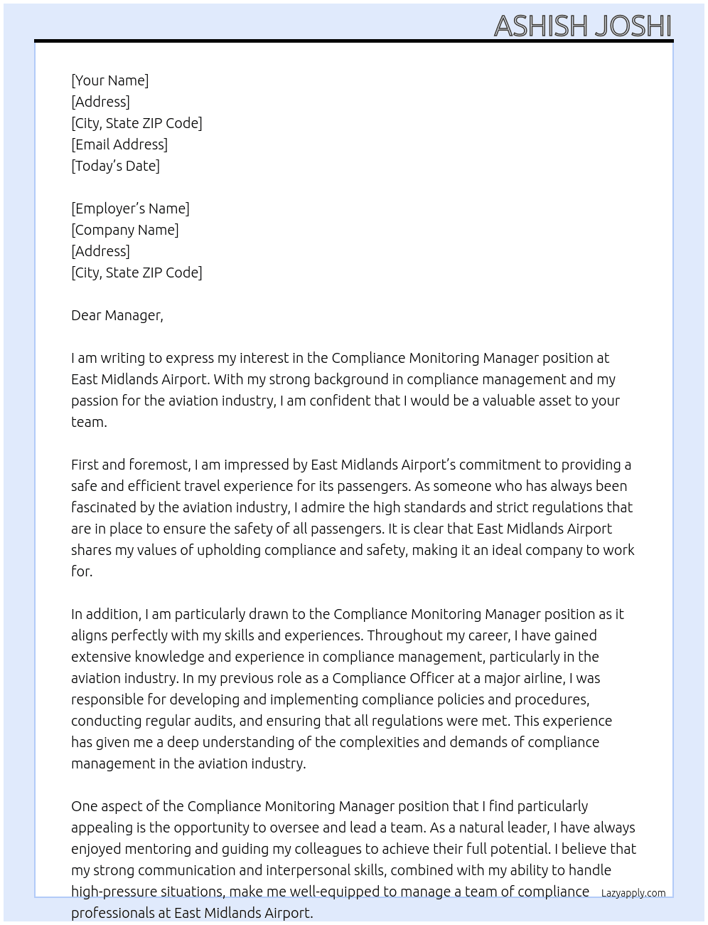 Compliance monitoring manager At East Midlands airport Cover Letter