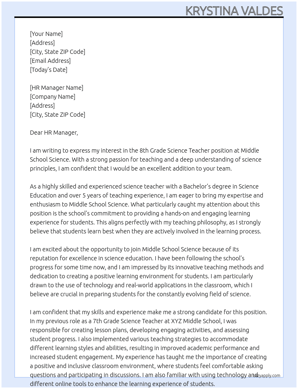 8th Grade Science Teacher At Middle School Science Cover Letter