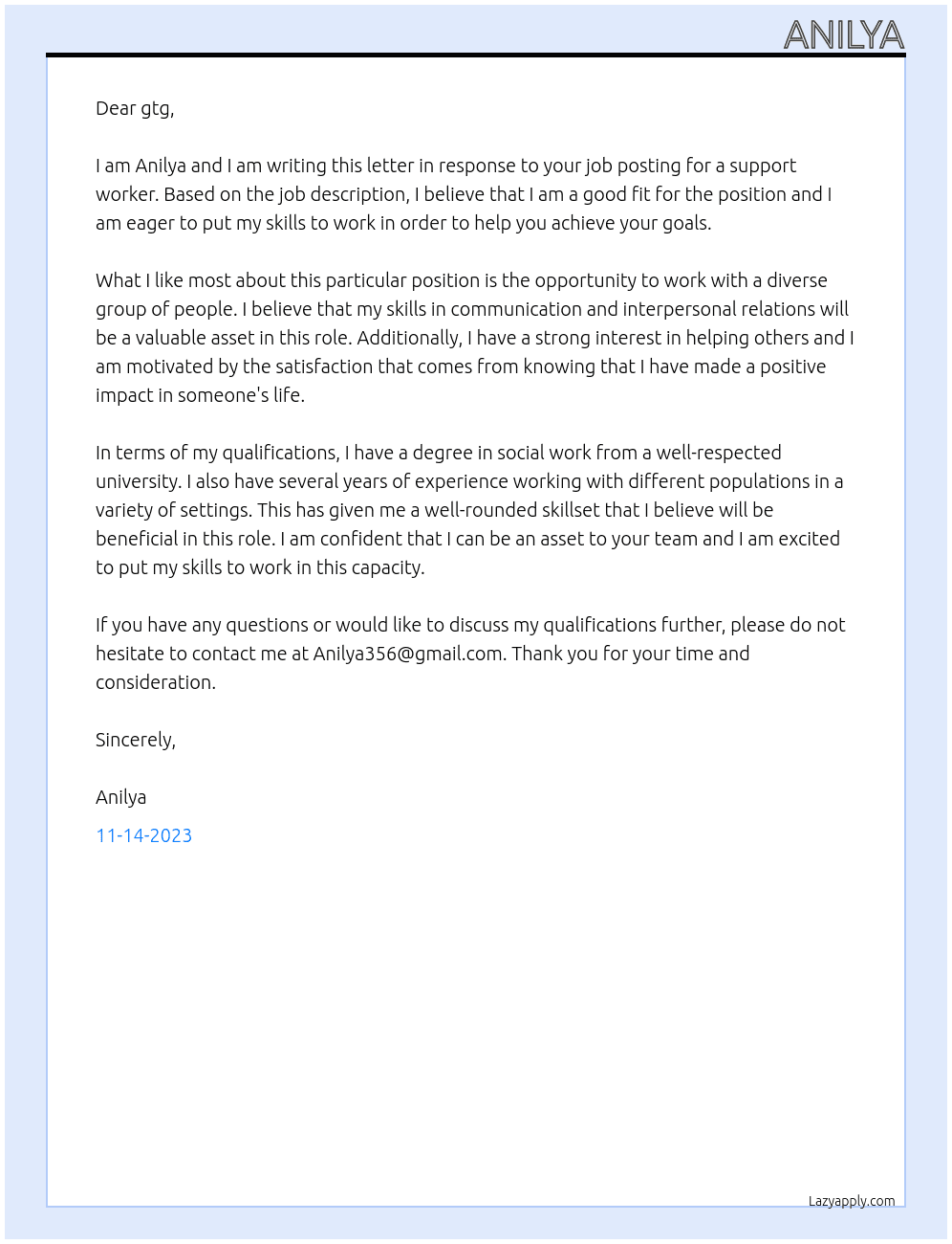 Support Worker At Anilya356 Cover Letter