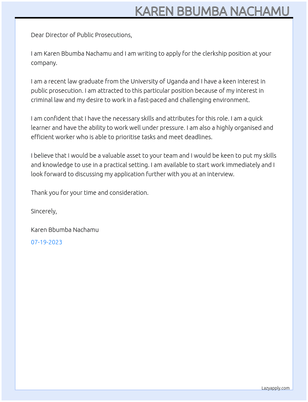Clerkship  At Director of Public Prosecutions  Cover Letter