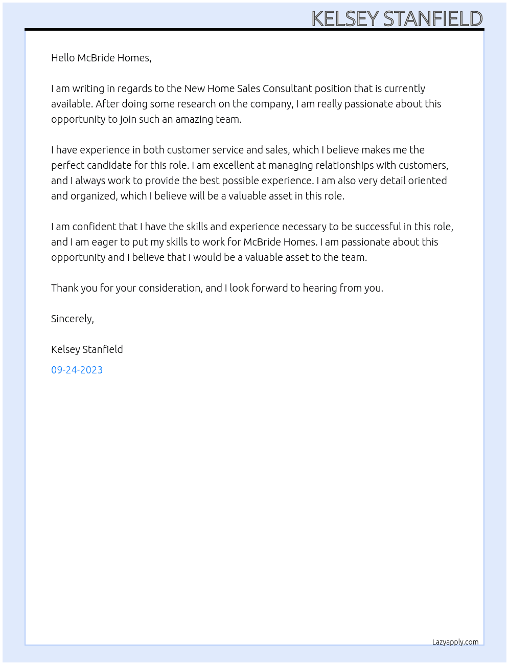 New Home Sales Consultant At McBride Homes Cover Letter