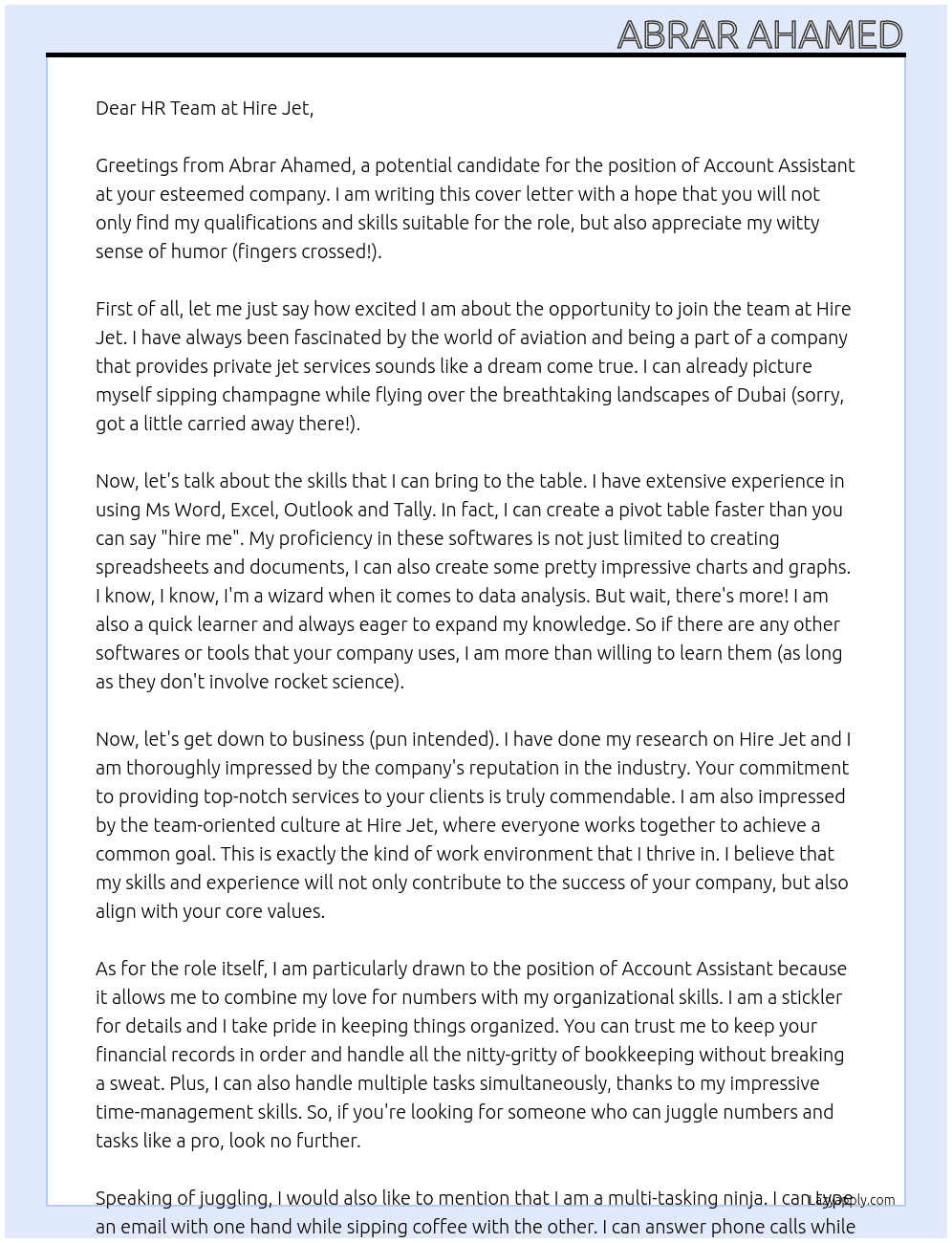 Account Assistnat At Hire Jet Cover Letter