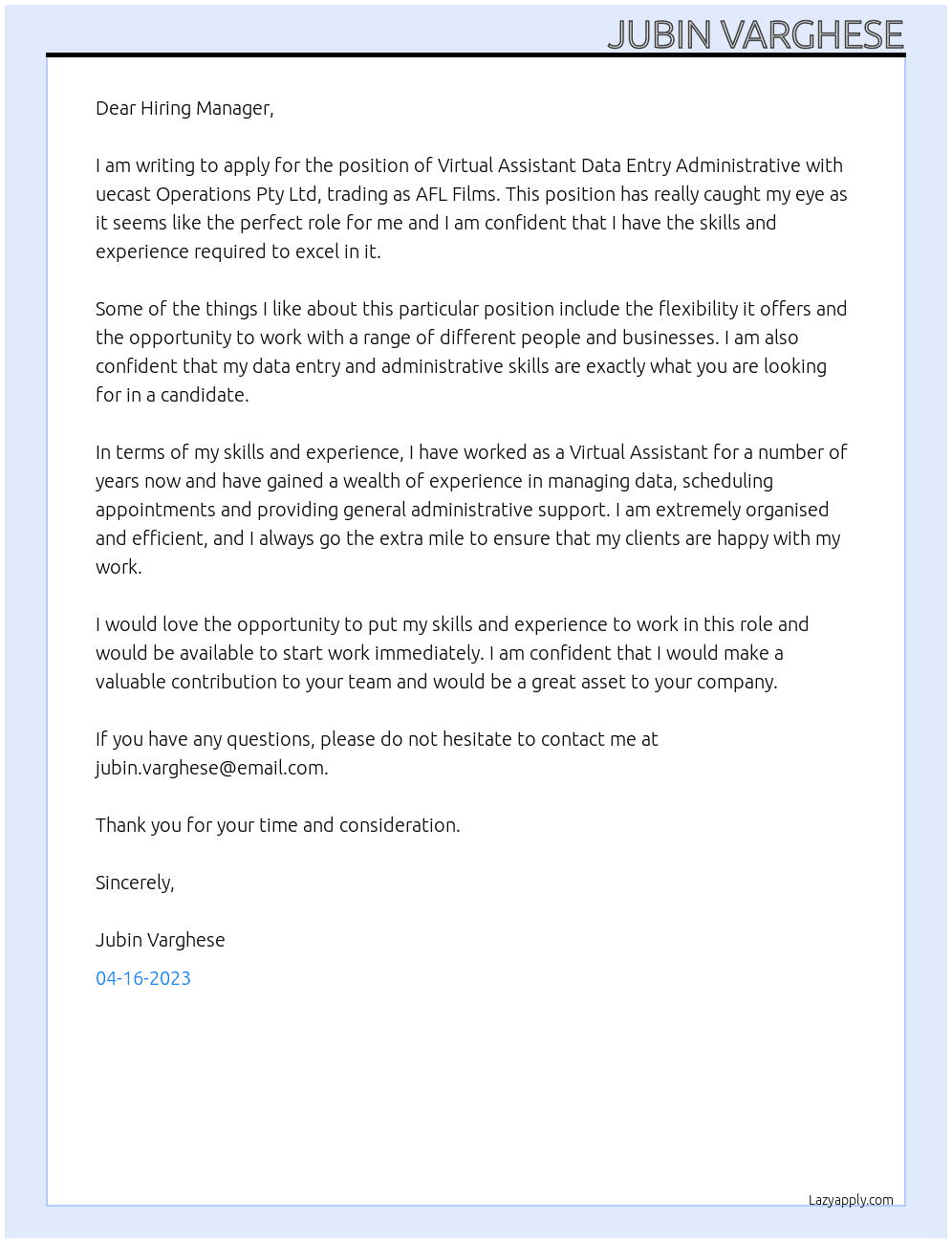 Virtual Assistant Data Entry Administrative At uecast Operations Pty Ltd, trading as AFL Films Cover Letter
